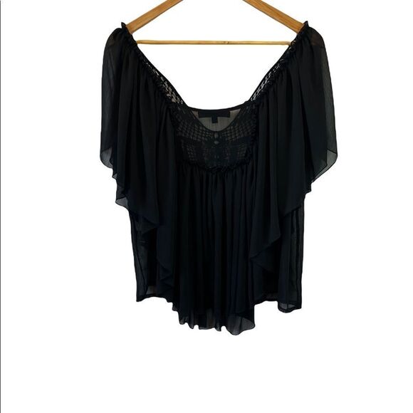 LOVE STITCH Black Flowy Embellished Deep Ab Flutter Sleeve Loose Fit Top S - Picture 3 of 8